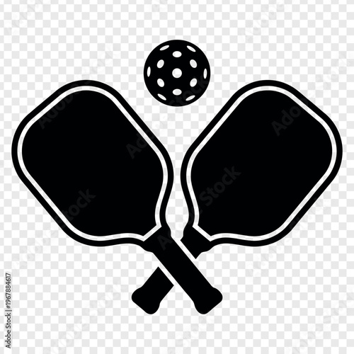 Two black pickleball paddles crossed with a white perforated ball above isolated on transparent background