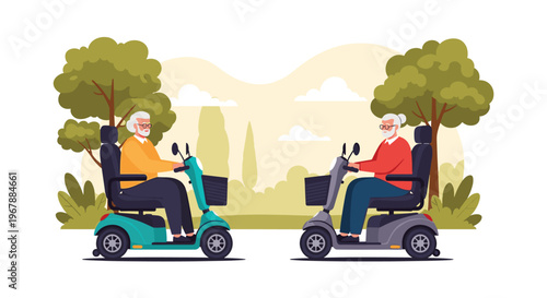 Senior man and woman riding modern electric mobility scooters along a path in a beautiful public park during a sunny day.