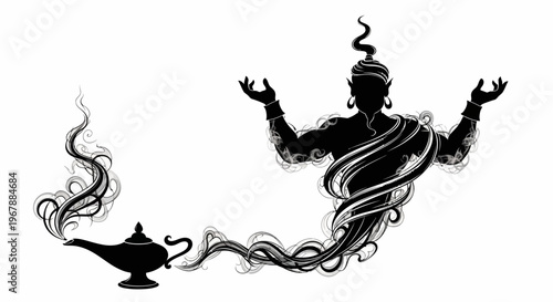 Genie Emerging from Magic Lamp Silhouette with Smoke Swirls