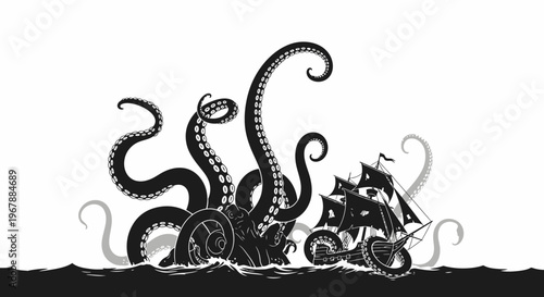 Giant Kraken Attacking Sailing Ship in Stormy Seas