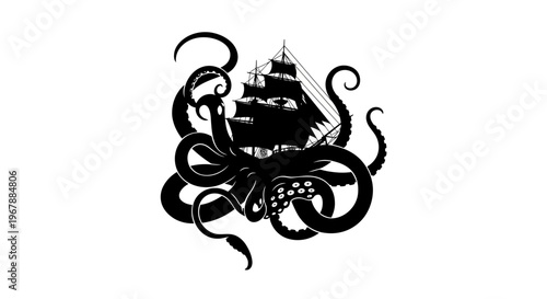 Kraken Attacks Tall Ship Silhouette