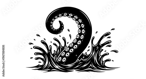 Fotografia Kraken Tentacle Emerging from Water Splash, Black and White Illustration