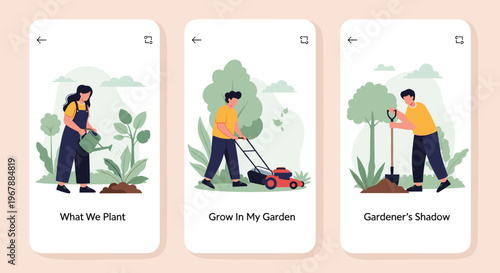 Mobile application interface panels showing diverse people gardening activities like watering plants, mowing the lawn, and digging.