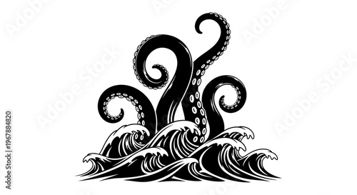 Kraken Tentacles Emerging from Ocean Waves, Nautical Monster Graphic