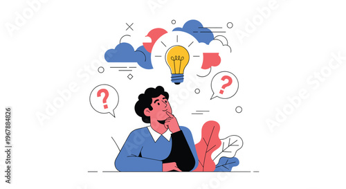 Young man looking thoughtful with a glowing lightbulb idea and question mark speech bubbles above his head on white background.