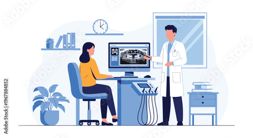 Professional male dentist in a white coat showing a dental X-ray to a young female patient on a computer monitor in a clinic.
