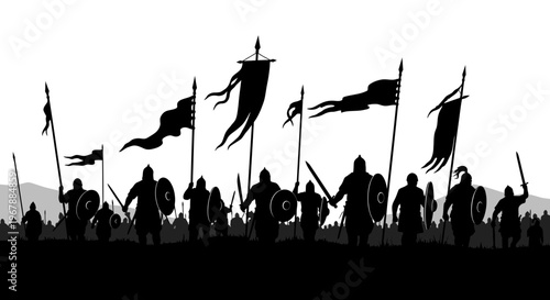 Medieval Army Marching Silhouette, Warriors with Swords and Banners