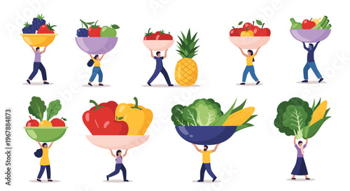 Diverse group of tiny people carrying huge bowls filled with fresh fruits and vegetables to promote healthy eating and nutrition.