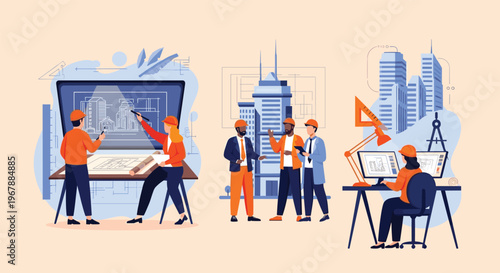 Team of professional architects and civil engineers working on building blueprints and digital designs in a modern office studio.