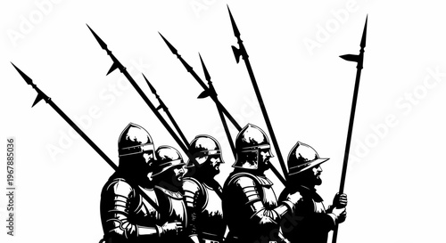 Medieval soldiers with halberds and armor, illustration