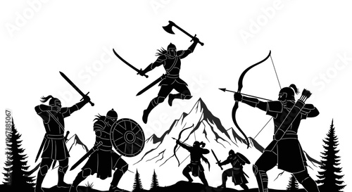 Medieval Warriors Battle Silhouette, Mountain Landscape, Archery and Axe Fight