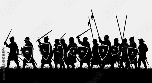 Fotografía Medieval Warriors Silhouette Marching with Swords and Shields