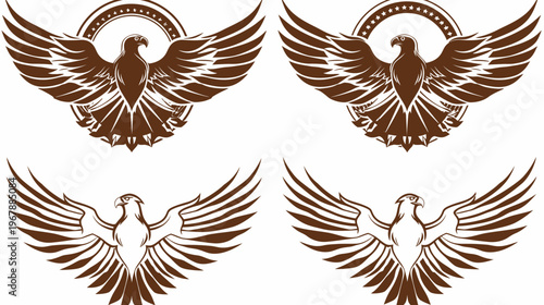 Four stylized brown eagles with spread wings against a white background