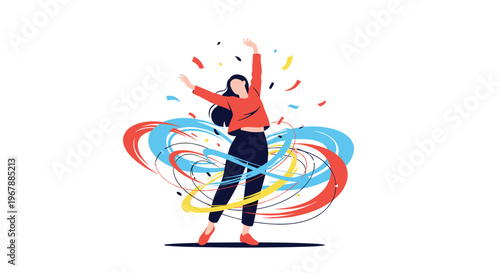 Joyful woman dancing and celebrating with vibrant energy swirls of red, blue, and yellow surrounding her against a white background.