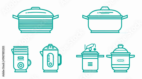 Line art of kitchen appliances pots, kettles, and pressure cookers, teal on white