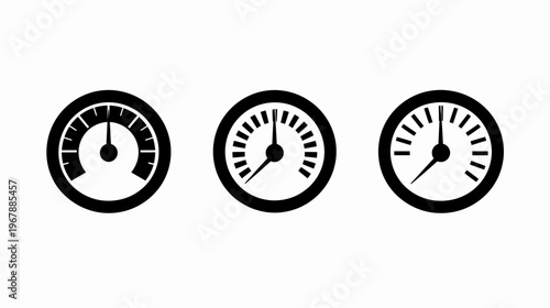 Three black vector speedometer icons with pointer and incremental scale markings