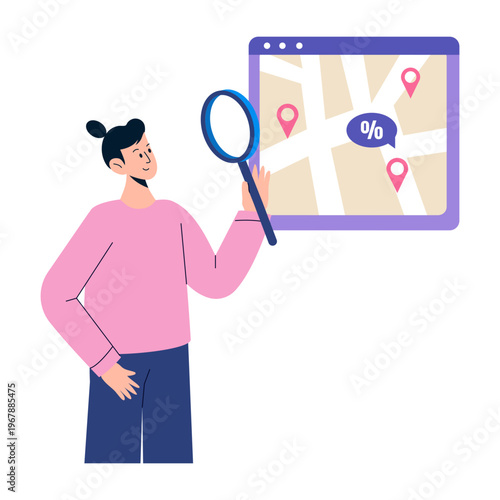 A flat style illustration showing searching discount