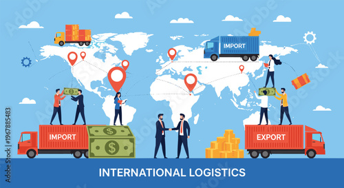 Global trade and international logistics illustration showing trucks, cargo ships, and a world map with delivery location pins.