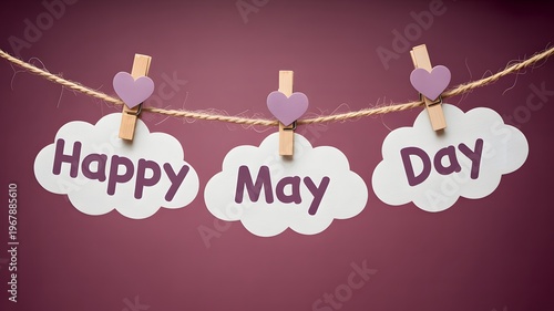 Happy may day text on white cloud shaped paper cutouts hanging from a twine string with purple heart clips