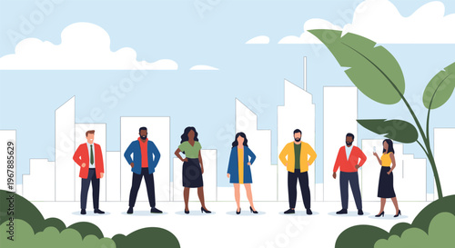 Diverse group of people standing together in a row against a white city skyline background with large green leaves in foreground.