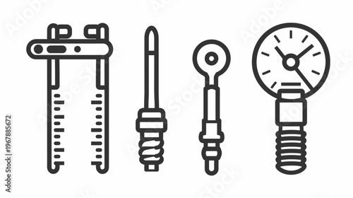 Four outlined mechanical tools are displayed in this minimal graphic