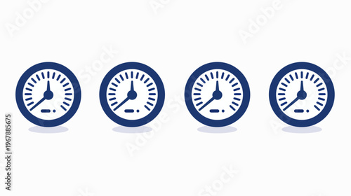 Four dark blue gauge icons with differing readings in a row on white background