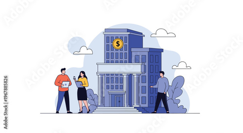 Group of business people having a meeting outside a modern blue bank building with a gold dollar sign coin on the roof.