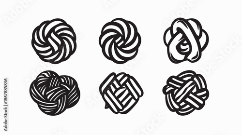 Six stylized black knots, each with a different looping, curvilinear, geometric pattern