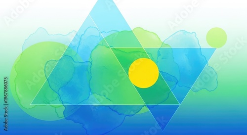 Vibrant abstract background featuring geometric shapes like triangles and circles blended with soft blue and green watercolor textures, green, design, decorative