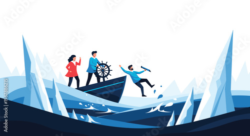 Team of brave people on a small boat navigating through dangerous blue icebergs in the ocean while searching for a way through.