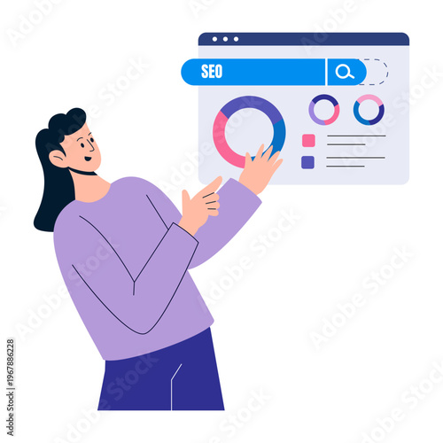 A flat style illustration showing seo analysis