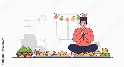 Monk Meditating In Prayer On Sacred Altar.