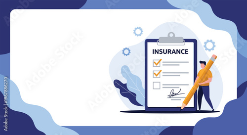 Young man signing an important insurance policy document on a clipboard with a giant pencil to represent financial protection.