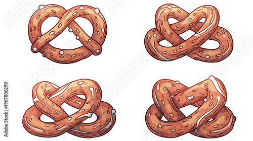 Hand-drawn watercolor-style illustrations of soft pretzels, four different arrangements