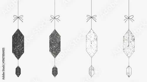 Four geometric pendants with textured fills and delicate bows hang from thin strings