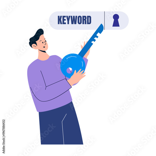 A flat style illustration depicting seo keywords