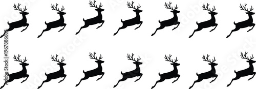 Black silhouette of a group of jumping reindeer or deer isolated on a white background for Christmas holiday and winter wildlife nature design.