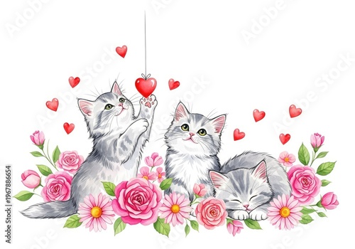 Whimsical watercolor kittens sitting among pink flowers and red hearts, hand-painted style on a clean white background for crafts, romantic, pink, art