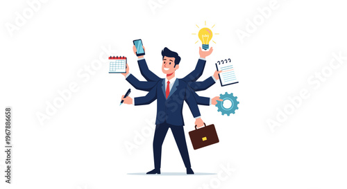 Multitasking businessman with many arms holding various office tools like a phone, calendar, pen, gear, and a lightbulb idea.
