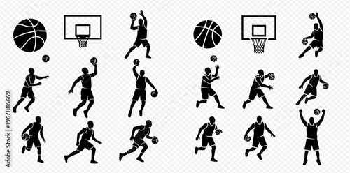 Basketball player silhouettes set, depicting various actions like shooting, dribbling, and passing, alongside a basketball and hoop icon.