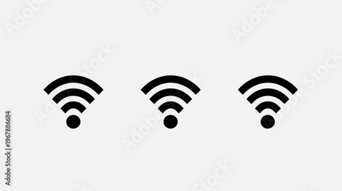 Three wifi icons in black are centered on a white background, signal strength