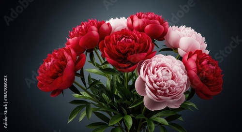 A breathtaking bouquet of velvet peonies in crimson and rose hues cascades against a moody dark backdrop, showcasing natural floral beauty, opulent, black, artistic