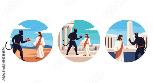 Three biblical scenes depicting the temptation of Jesus Christ by the devil in the desert, on a high mountain, and in the city.