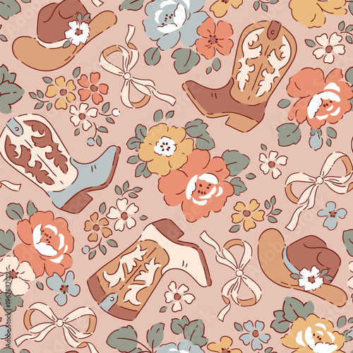 Seamless vector pattern with cowboy boots and liberty flowers. Hand drawn floral background. Perfect for textile, wallpaper or nursery print design.