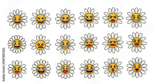 Collection of cartoon daisy flowers with various facial expressions and emotions displayed on a white background.