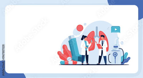 Doctors discussing lung health and respiratory care with an inhaler and medical equipment in the background illustration.
