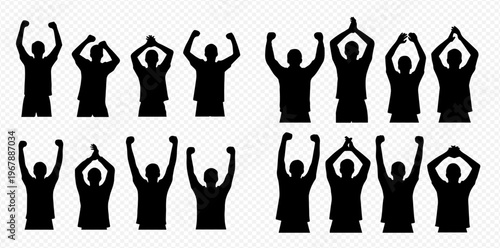 Set of cheering people silhouettes with raised hands, celebrating victory or success, isolated on transparent background.