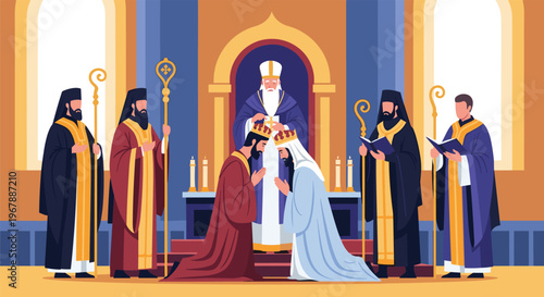 Traditional orthodox wedding ceremony taking place in a church with priests and a couple receiving a blessing.