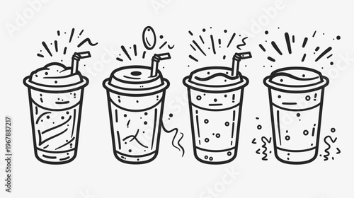 Line art illustration of four cups with straws and liquid, cartoonish and stylized