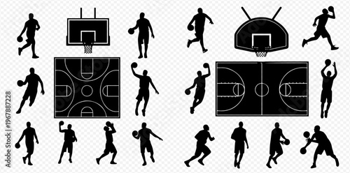 Basketball player silhouettes in various poses with court and hoop elements, ideal for sports design.